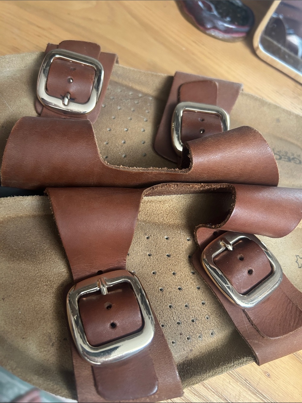 Geox Brown Leather Slide Sandals with Silver Buckles